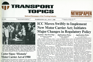 Newspaper front page focusing on the headline "ICC Moves Swiftly to Implement New Motor Carrier Act; Initiates Major Changes in Regulatory Policy